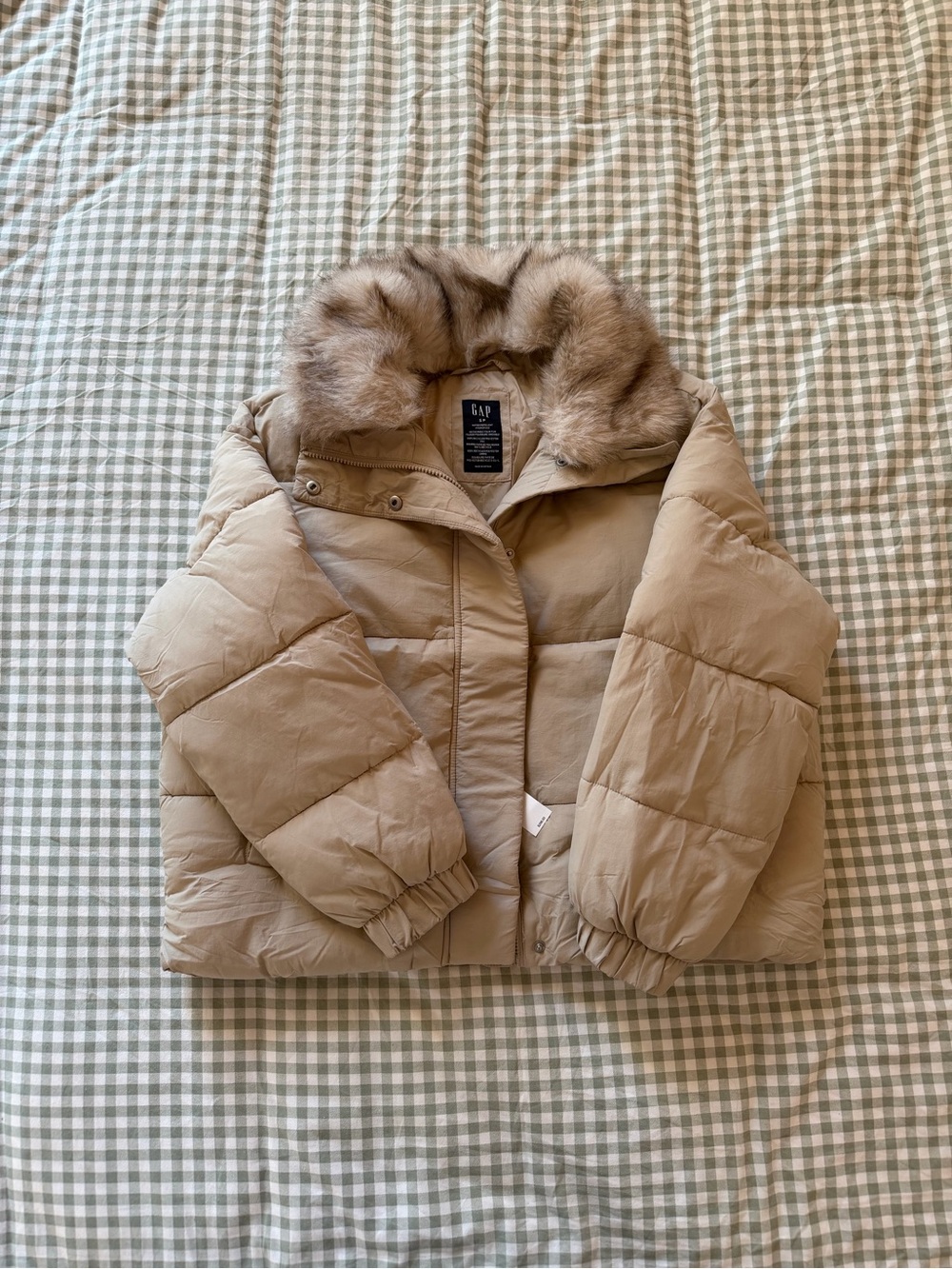 GAP Women's Beige Tan Faux-Fur Collar Puffer Coat